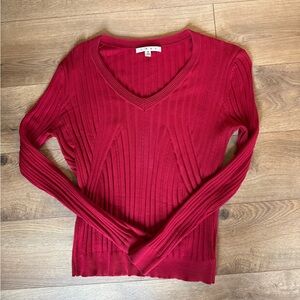 CAbi Fitted Deep Red Ribbed V-Neck Sweater